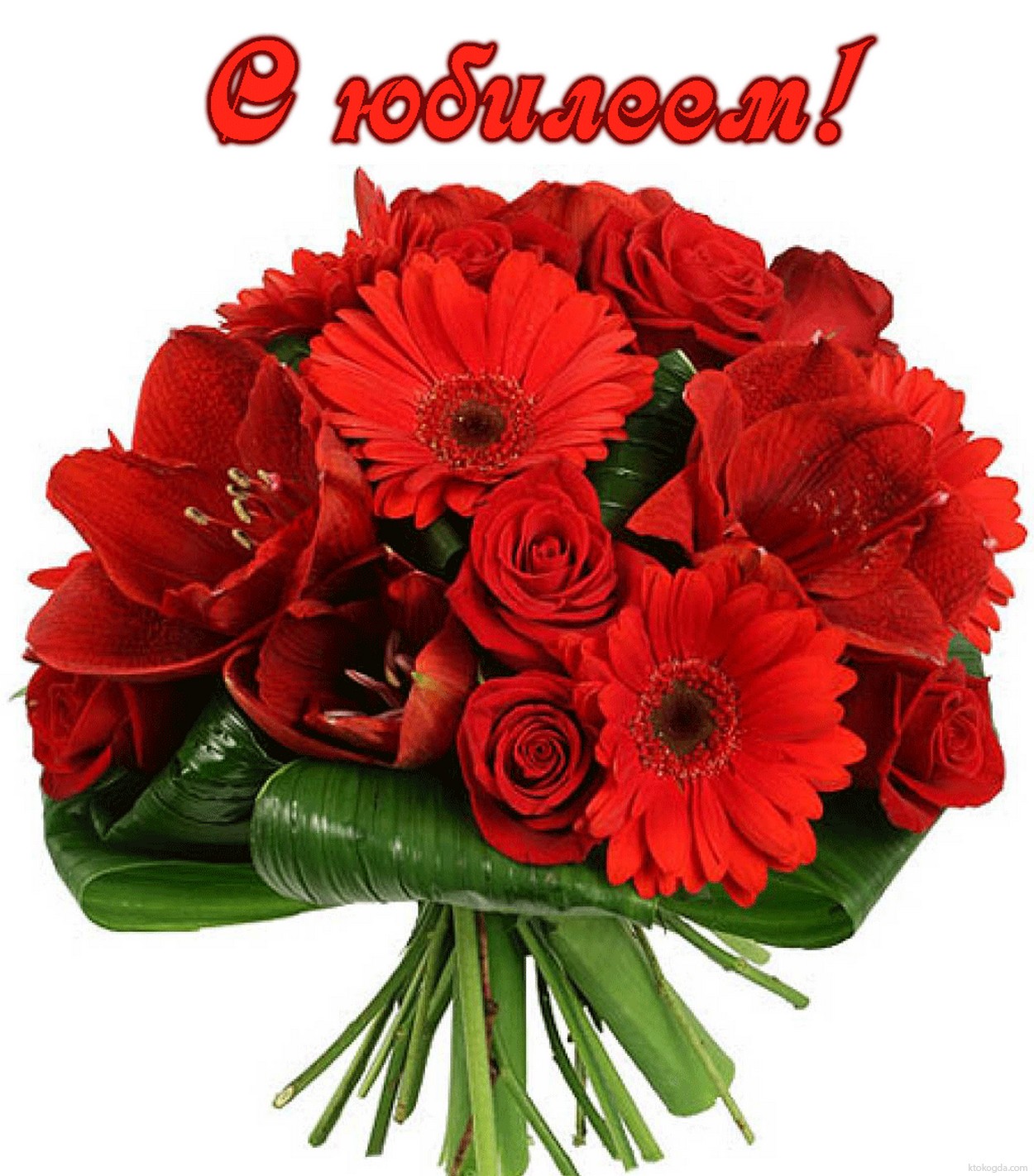 Открытка с юбилеем, букет из красных цветов