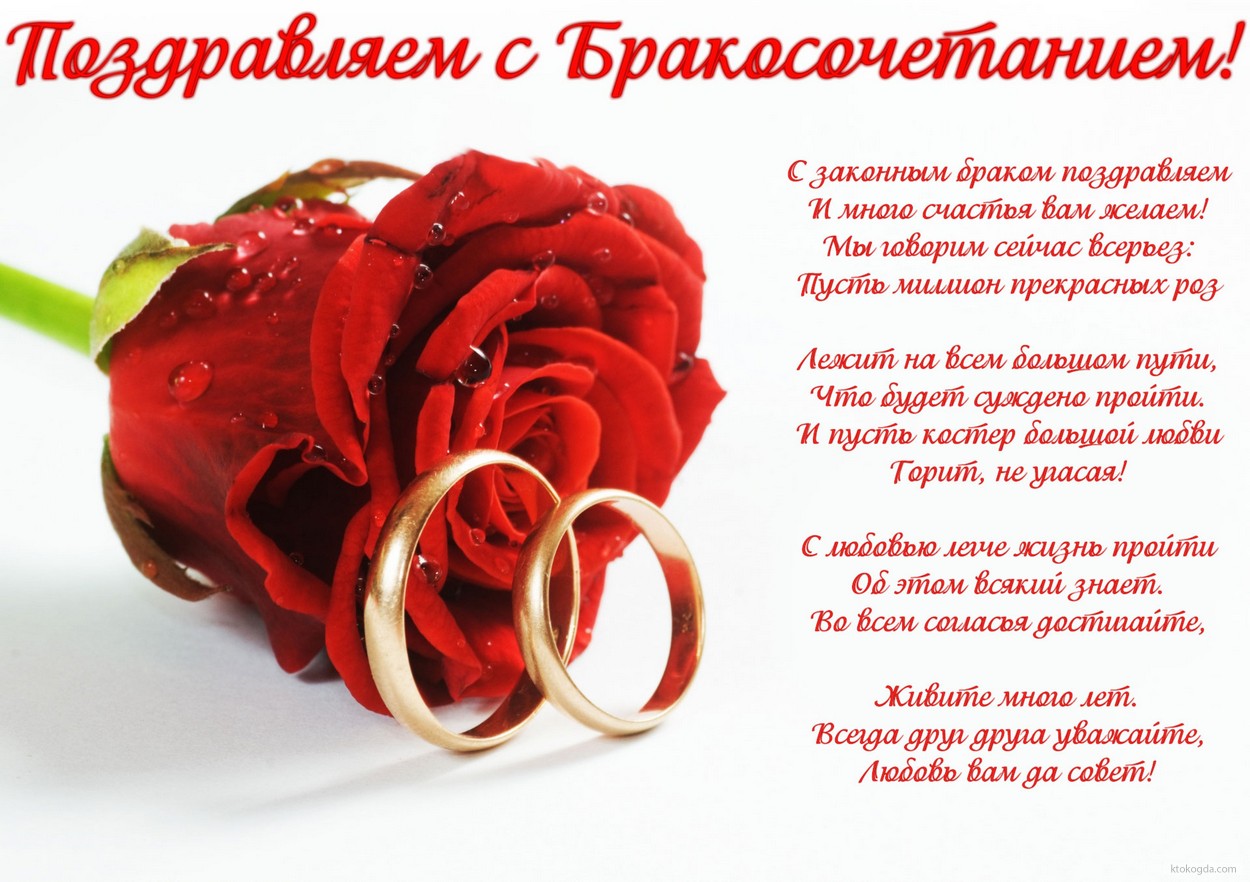 Открытка с бракосочетанием с стихотворением-пожеланием, роза и обручальные кольца