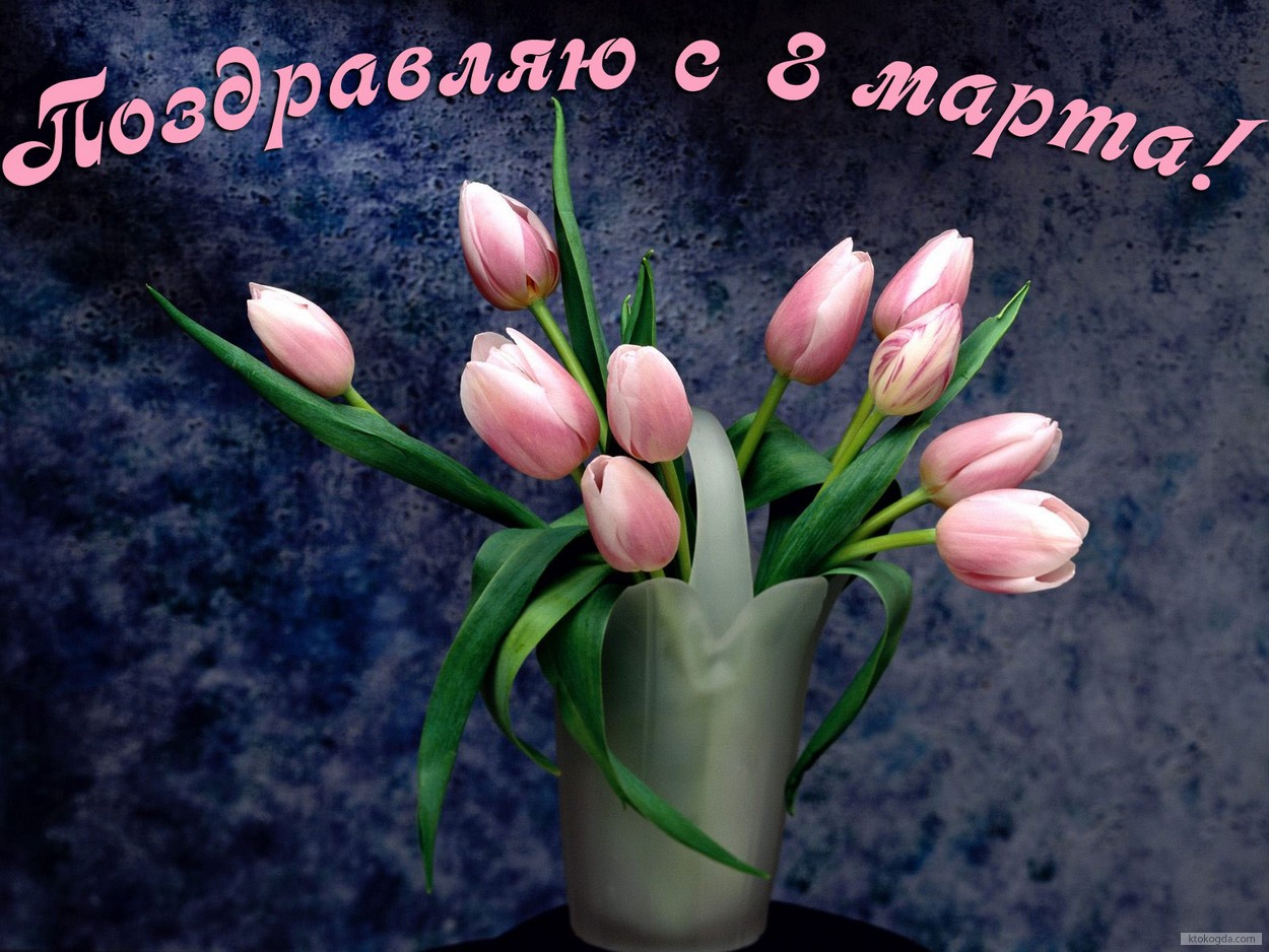 Открытка поздравляю с 8 марта, букет из тюльпанов