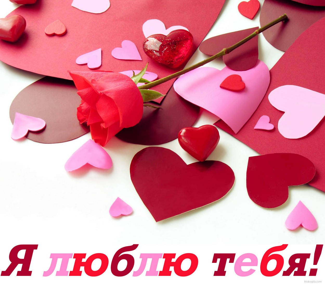 Открытка я тебя люблю, сердечки и роза