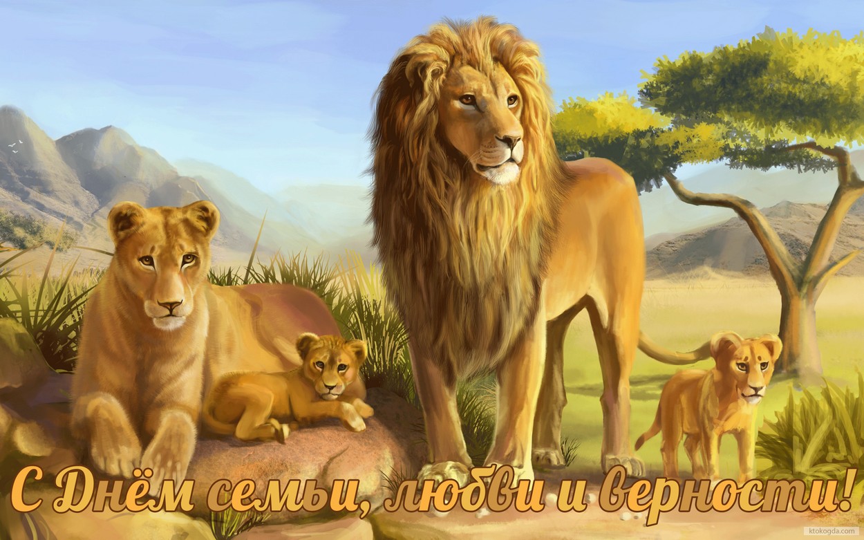 Открытка с Днем семьи, любви и верности, семья львов