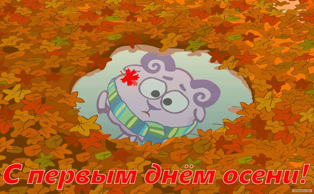 Открытка с первым днём осени, грустный смешарик
