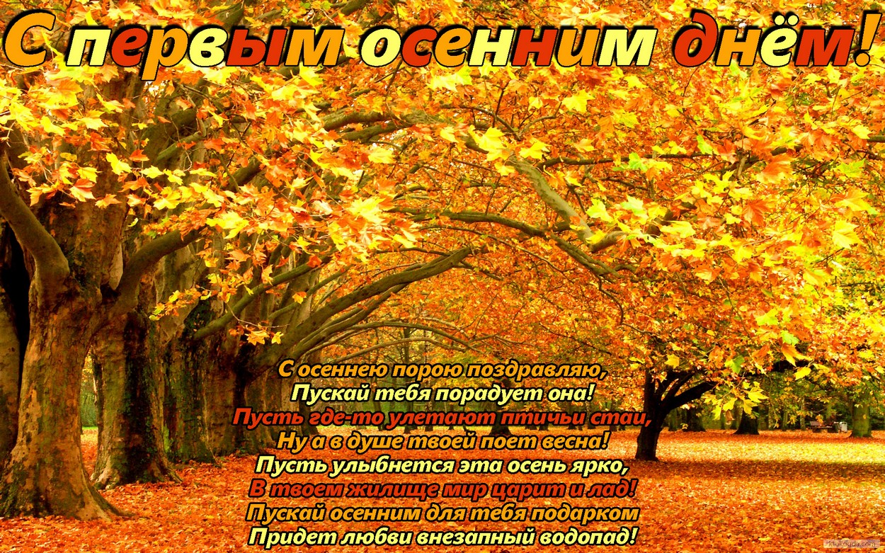 Открытка с первым осенним днем, стихотворение, природа