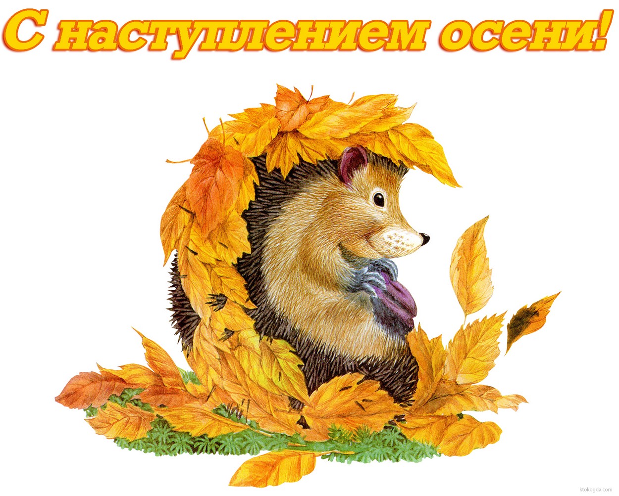Открытка с наступлением осени, ежик и листья