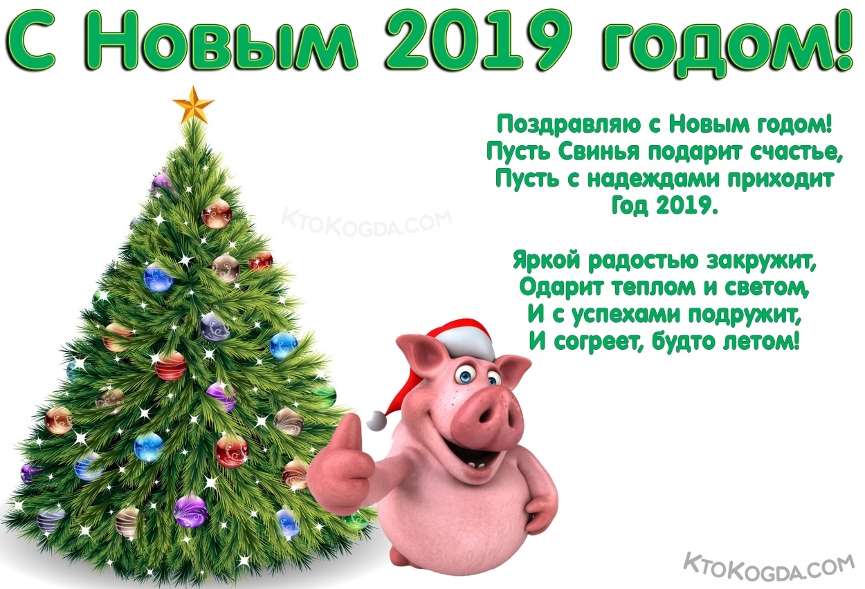 Открытка с Новым 2019 годом, год свиньи, с пожеланием