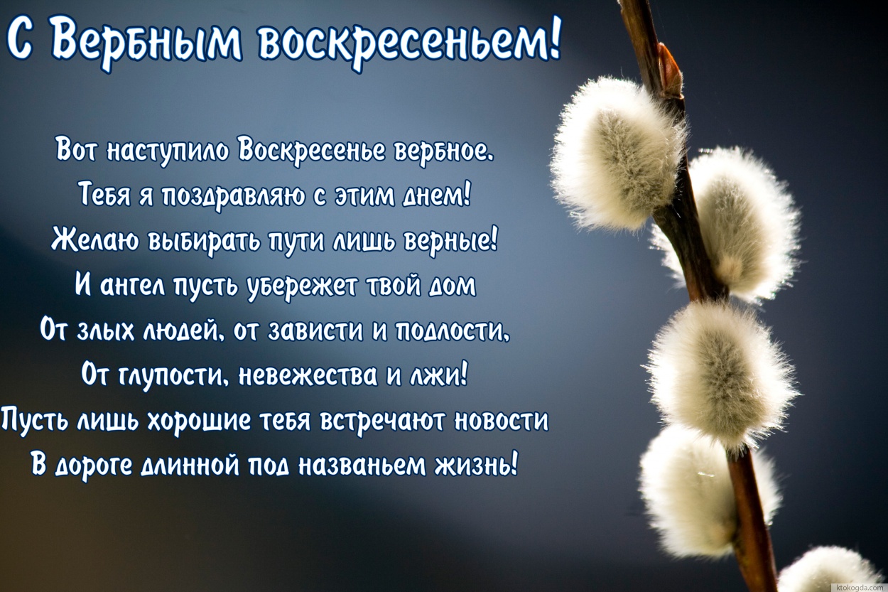 Открытка с Вербным воскресеньем, Желаю выбирать пути лишь верные! И ангел пусть убережет твой дом От злых людей, от зависти и подлости, От глупости, невежества и лжи! Пусть лишь хорошие тебя встречают новости В дороге длинной под названьем жизнь!