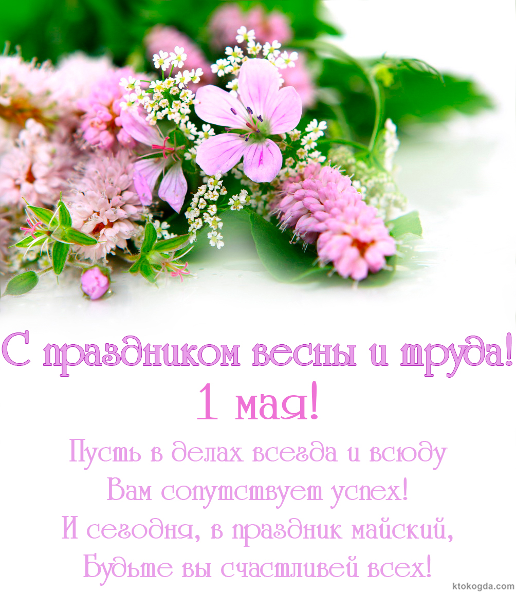 Открытка с 1 мая, праздником весны и труда с пожеланием, Пусть в делах всегда и всюду Вам сопутствует успех! И сегодня, в праздник майский, Будьте Вы счастливей всех!