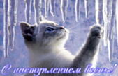 Открытка с наступлением весны, котенок и сосульки