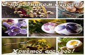 Открытка с праздником Пасхи, пасхальные яйца, цветы, верба