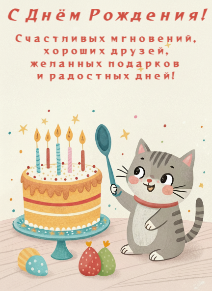 С Днем Рождения c котом и тортом