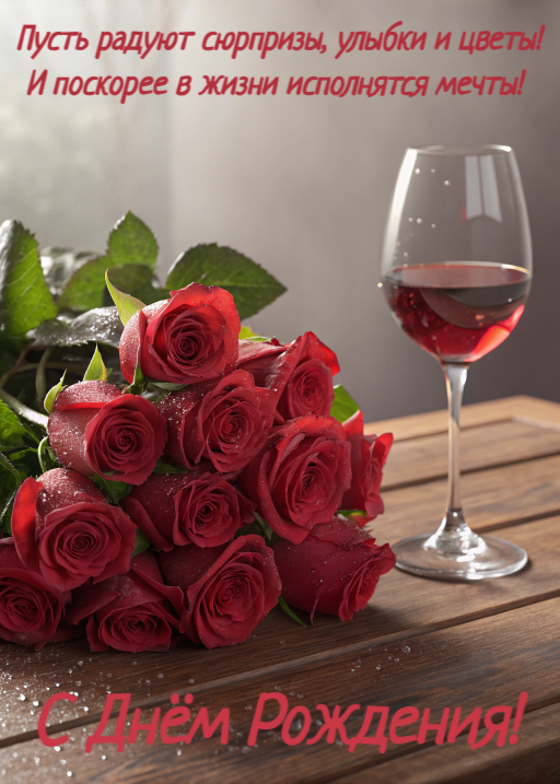 С Днем Рождения с розами и вином