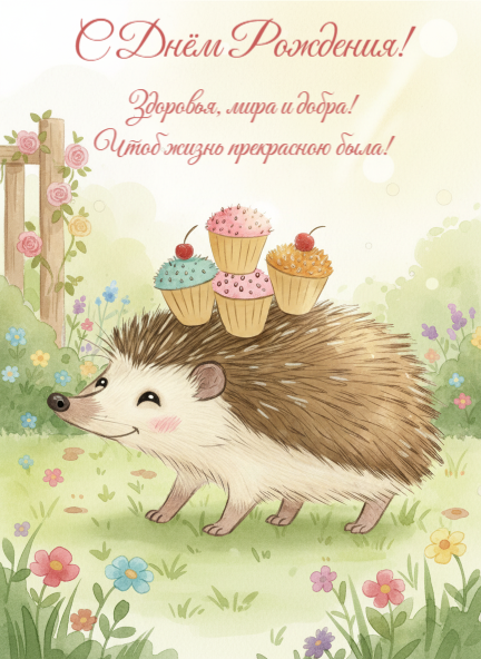 Открытка с Днем Рождения c ежиком